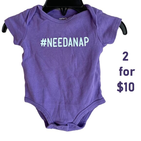 Carters Baby One Piece 3M Purple Hashtag NeedANap Short Sleeve Bodysuit Cotton - Picture 1 of 6